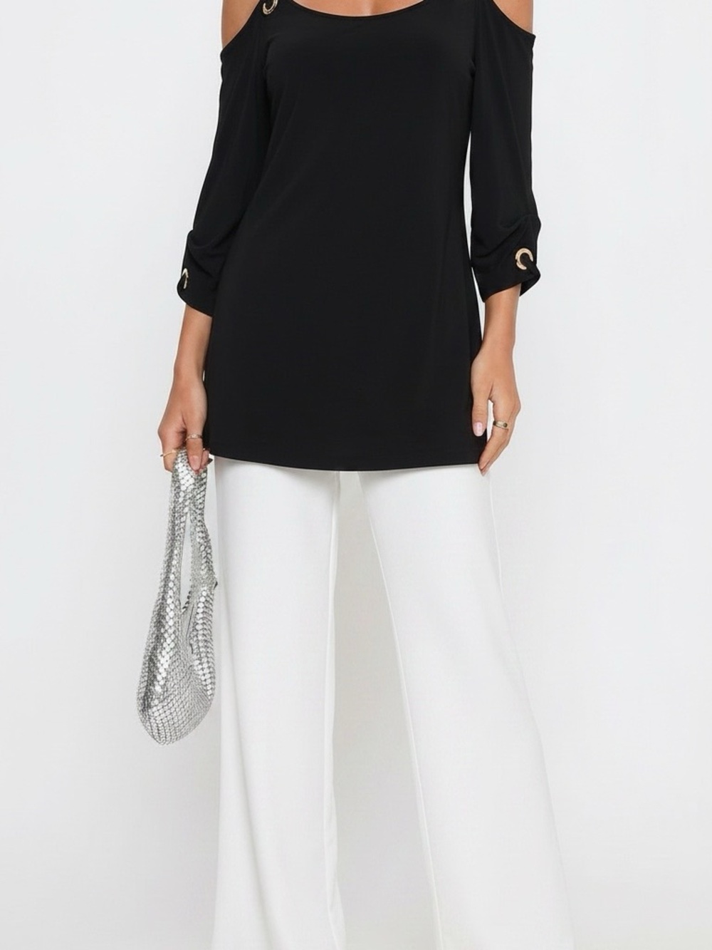 JM Collection Black Cold-Shoulder Tunic with Grommet Detail